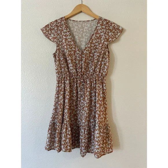 Floral V-Neck Mini Dress Khaki Brown Flutter Sleeve Elastic Waist‎ PY0015 OS
