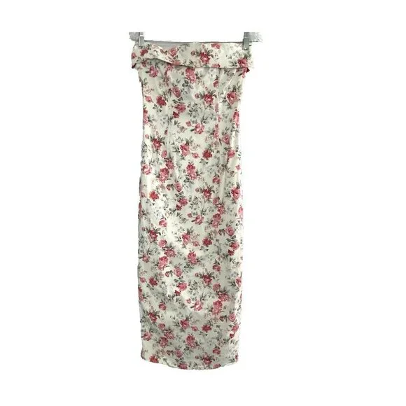 MABLE Women Midi Corset Dress Sz S White Bodycon Tube Floral Straight Across