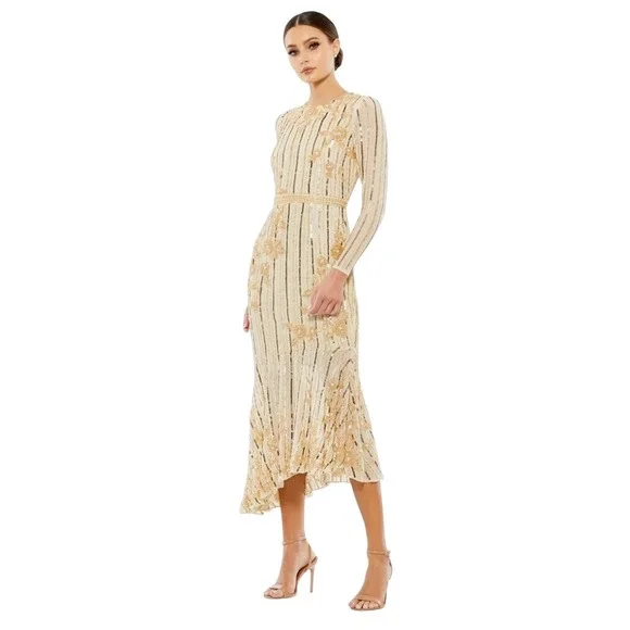 Mac Duggal 93627 Nude Gold Sequin Beaded Midi Dress Size 16 $398