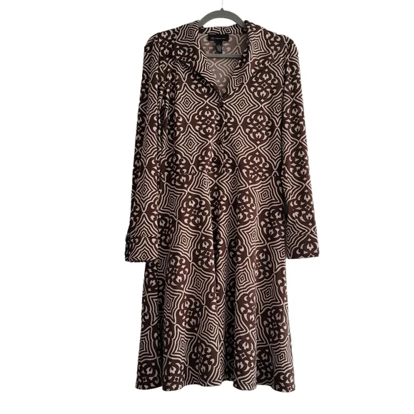INC Size Medium Retro Floral Medallion Brown Long Sleeve Chunky Button Dress