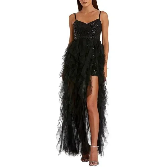 IEENA FOR MAC DUGGAL Sequin Mini with High Low Ruffle Tiered Train #27119‎ Sz 12