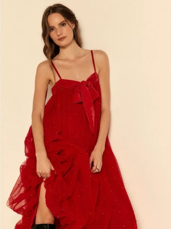 Free People Show Stopper Maxi Dress Red Embellished Mesh – Size Small