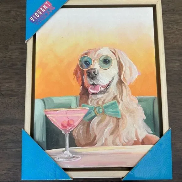 Golden Retriever Dog Martini Cocktail Framed Wall Art Decor