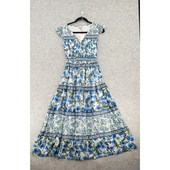 NWT Moon River Blue Floral Smocked Maxi Dress Size X-Small