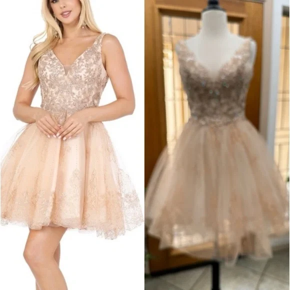 Dancing Queen Formal Sleeveless Mini Metallic Champagne Gold Dress‎ Women's XS