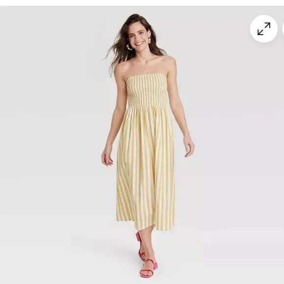 A New Day Strapless Smocked Tube Sundress Yellow White Stripe Small