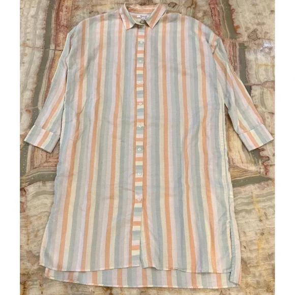 Madewell Womens Midi Button Up Shirt Dress Multi Pastel Striped Side Slits S