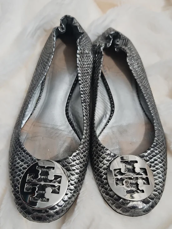 Tory Burch Metallic Black Snake-Embossed Ballet Flats