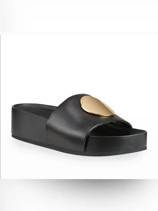 Tory Burch Patos Platform Sandals Slides Black Gold Size 7.5
