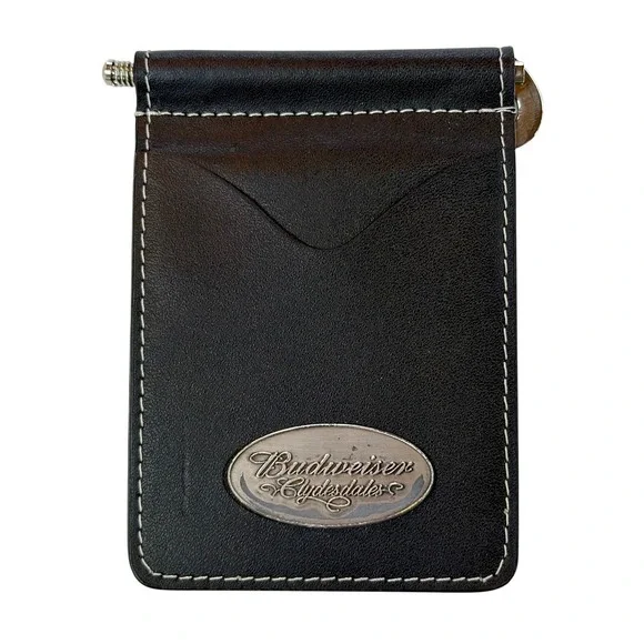 Budweiser Money Clip Wallet Black Leather Bifold Silver Clydesdales Logo VTG