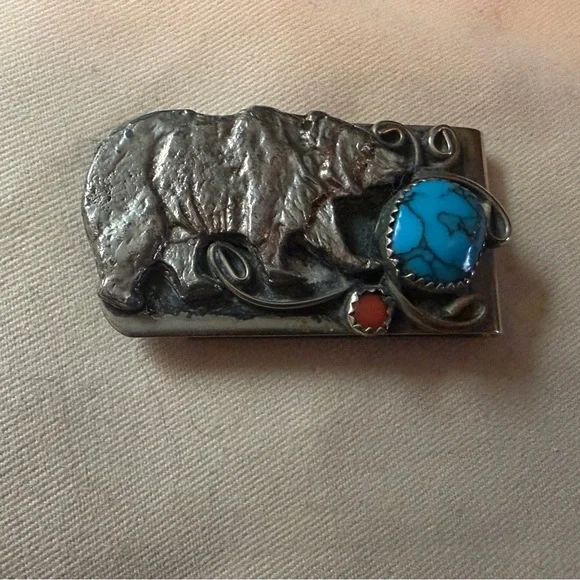 Vintage Navajo Bear, Turquoise, and Coral Money Clip