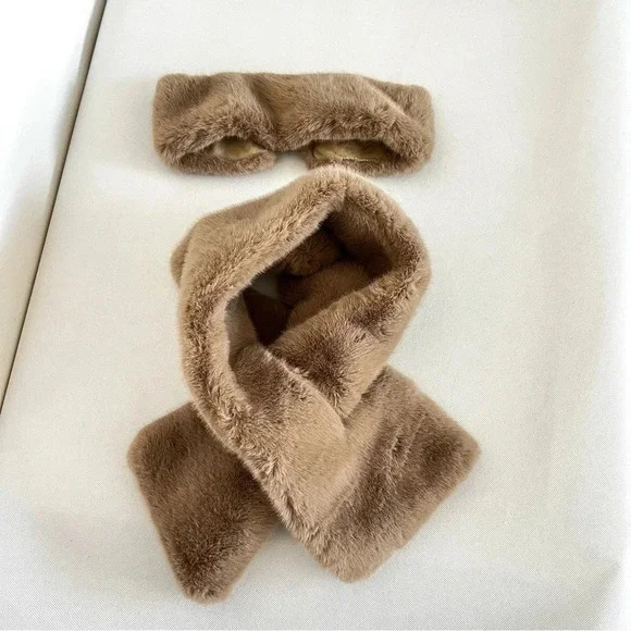 Chico's Scarf & Headband Set Pull Through Faux Fur Tan Brown