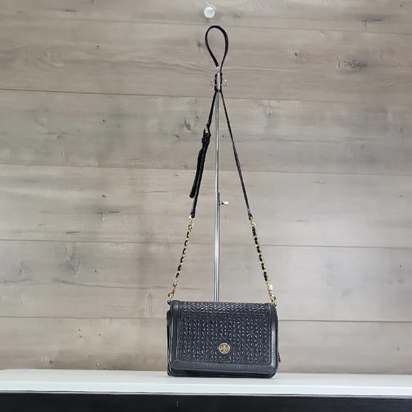 Tory Burch Black Quilted Leather Crossbody Bag with Gold Chain