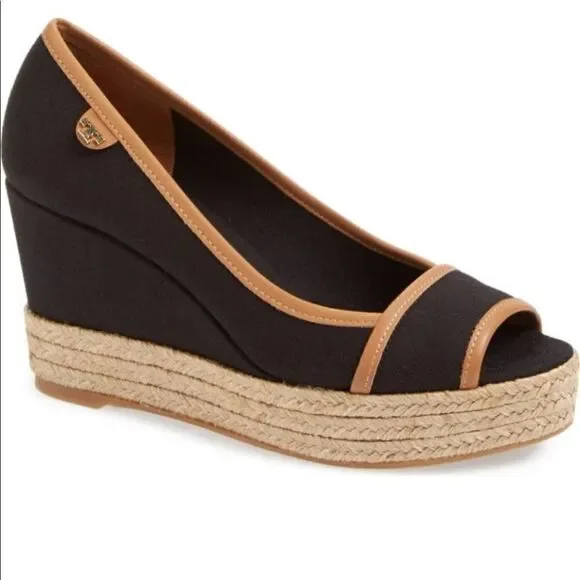 Tory Burch Black & Brown Majorca Espadrille Peep Toe Wedge