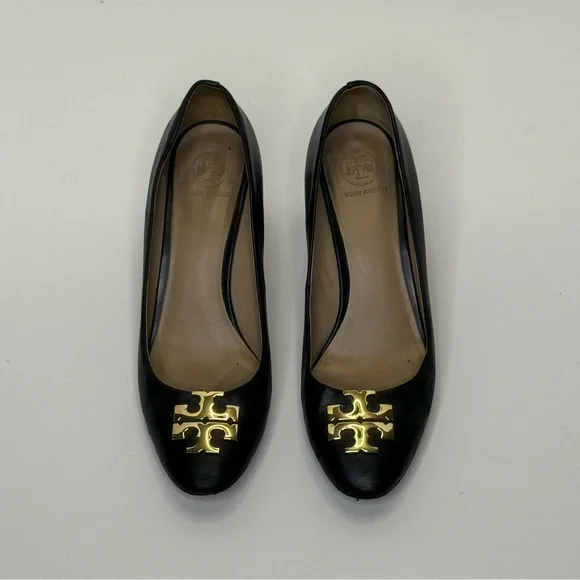Tory Burch Black and Gold 3 Inch Block Heel with T Signature Logo