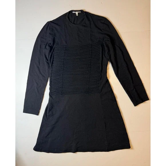 Helmut Lang Vintage Black Ribbed Pleated Jersey Long Sleeve Mini Dress Size 46