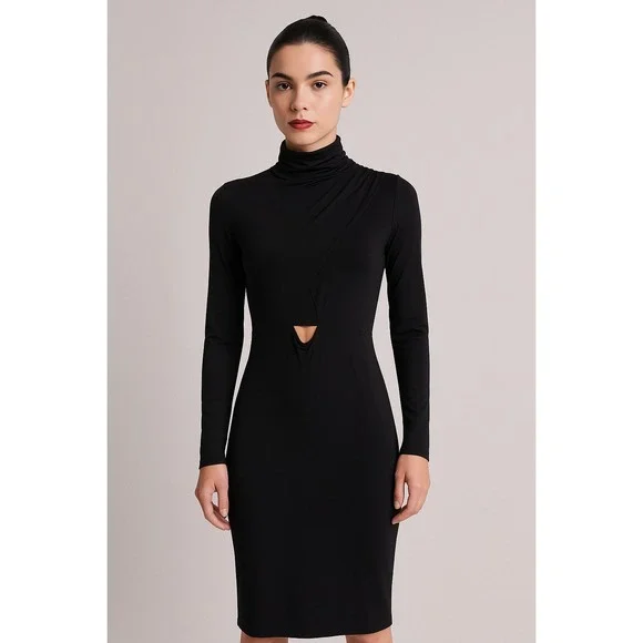 Miss Blush Black Bodycon Midi‎ Dress Long Sleeve Mock Neck Cut Out Party
