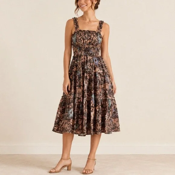 Ulla Johnson Annisa Midi Dress 4 Floral Smocked Tiered Ruffle Boho