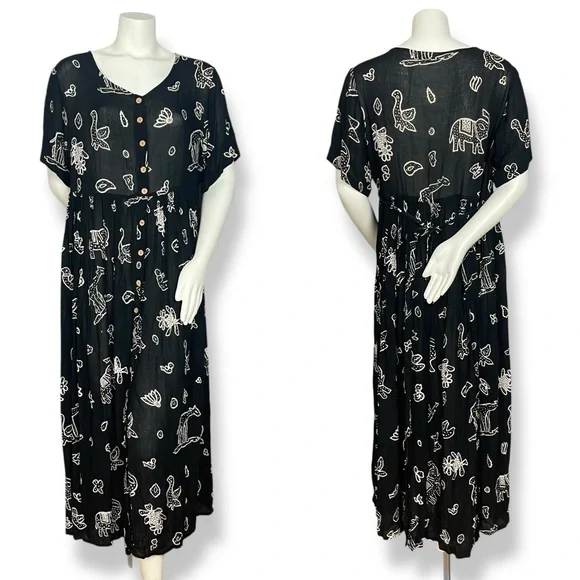 Vintage Boho Dress Tie Waist Short Sleeves Animal Jasmine by KVM Button-Up Front