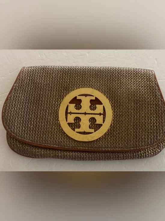 Tory Burch Brown/Gold Woven metallic body,fold over Clutch with big Gold Emblem