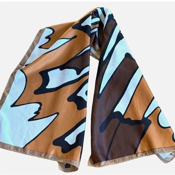Abstract Print Rectangle Scarf Brown Tan Cream Black Satin Feel Neck Scarf
