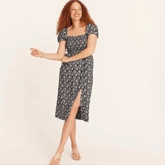 J. Crew Short Sleeve Smocked‎ Dress Navy Starry Swirl Size S