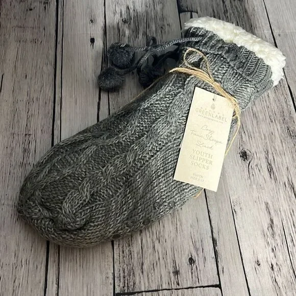 Green Label Girl's Cozy Faux Sherpa Lined Youth Slipper Socks Black Size 5-11 NW