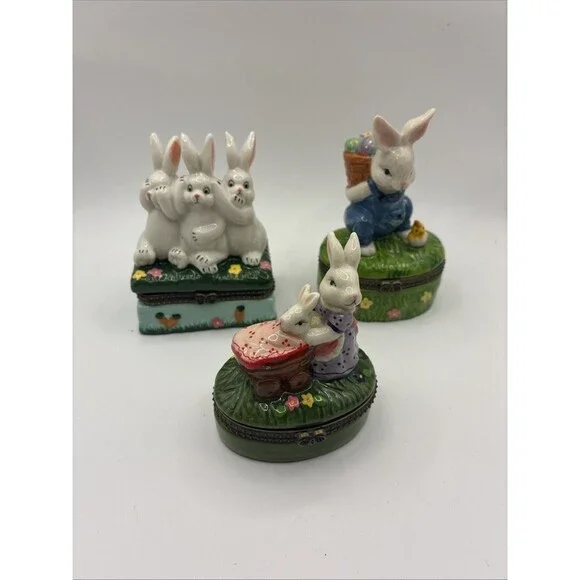 Porcelain Easter Bunny Rabbit Hinged Trinket Boxes Set of 3