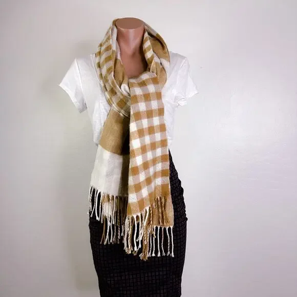 Topshop Cute Fringe Reversible Two Sided Gingham Plaid Scarf Tan Beige White NEW