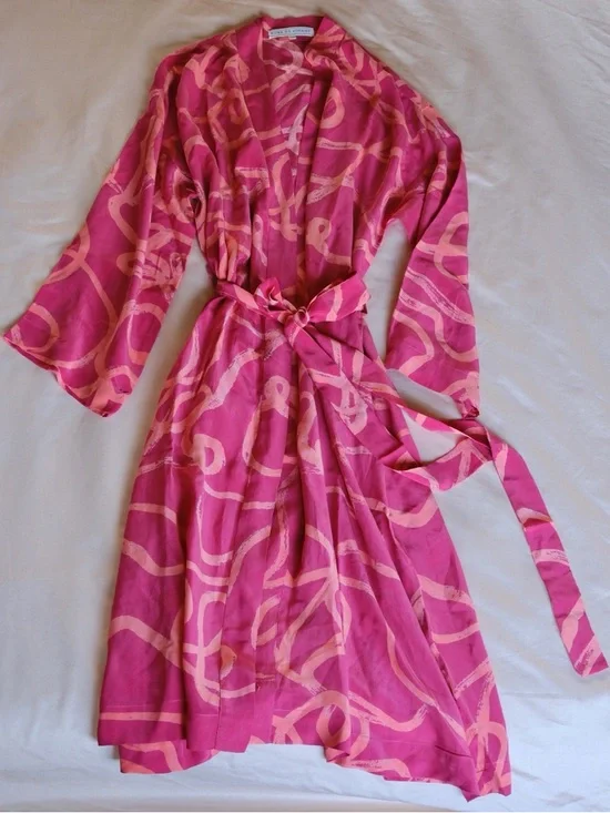 Luxury 100% Silk Ahimsa Robe Kimono Pink Scribble Resort Robe De Voyage NWOT