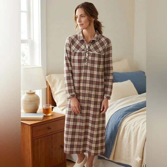 Vintage LL Bean Nightgown Scotch Plaid Tartan Flannel Cottagecore Flannel Modest