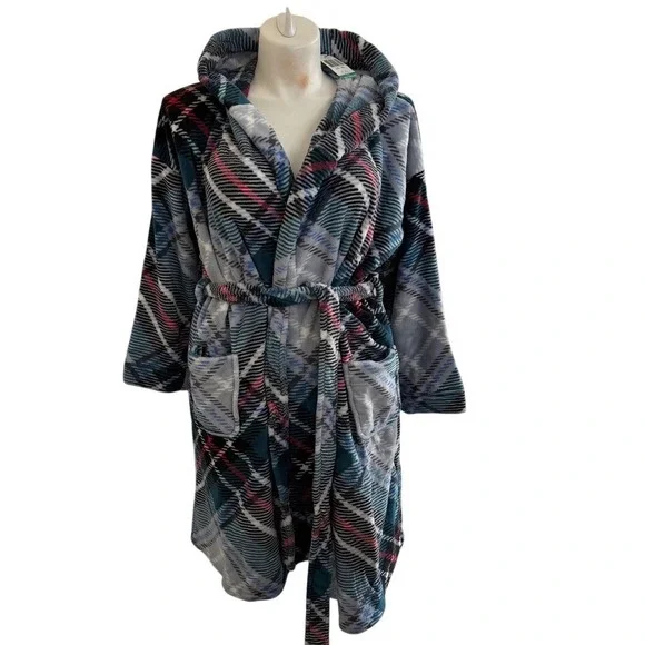 Vera‎ Bradley Fleece Robe Size XL Red Blue Plaid Hooded Lounge Comfy Cabincore
