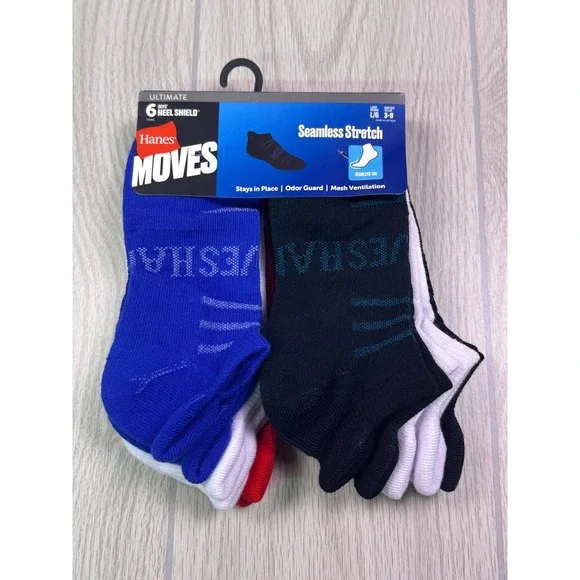Hanes Boys Moves‎ Heel Shield Socks 6 Pair Pack Large Shoe Size 3-9 BUSSH6 NEW