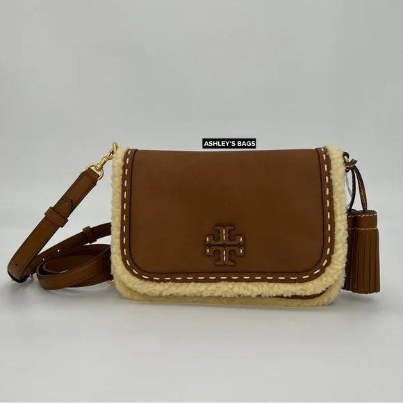 Tory Burch Thea Shearling Flap Crossbody In Moose Brown