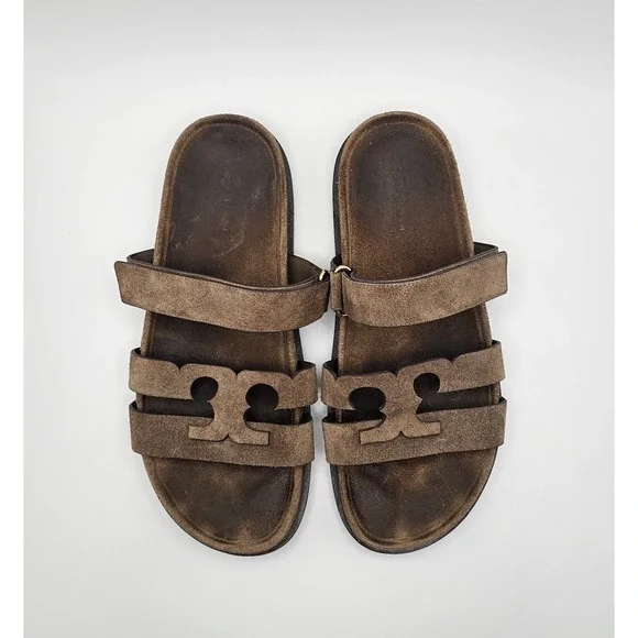 Tory Burch Ines Suede Leather Sport Slide Sandal Size 10 Brown Hook Loop Straps