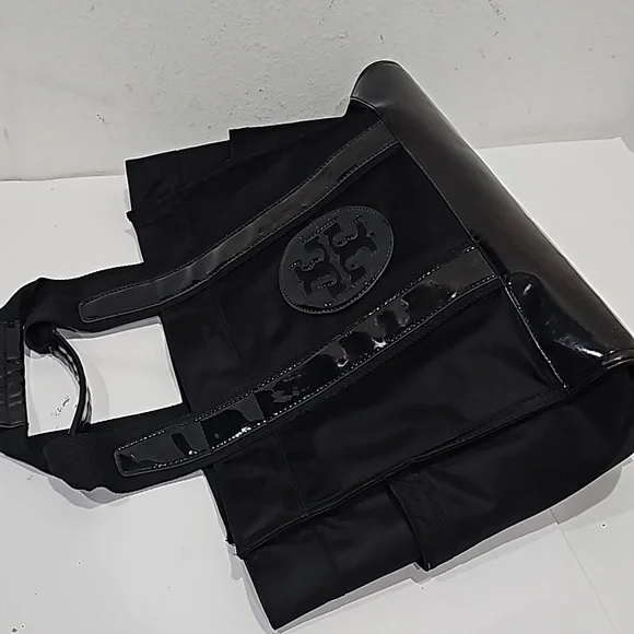 Tory Burch Big Nylon Black Handbag with patent leather triming and logo