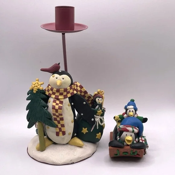 Decorative Winter Penguin‎ Figurine And Candle Stick Holder Polymer Clay