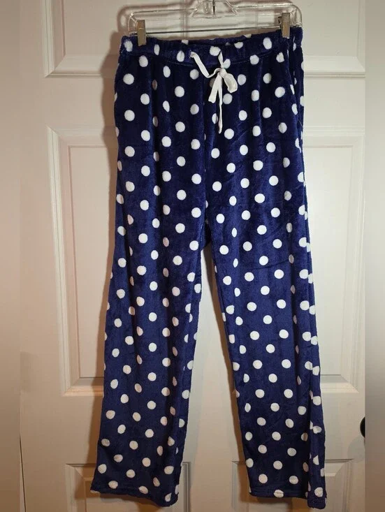NWOT Navy Blue Polka Dot Soft Plush Pajama Pants White Dots With Pockets L