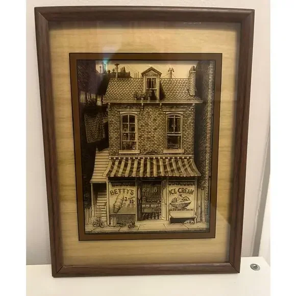 Vintage 1970's retro quaint old fashion ice cream shop print