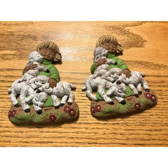 Alberta's Molds 1981 Ceramic Girl Lambs Figurine‎ Plaque Wall Decor Nursery Art