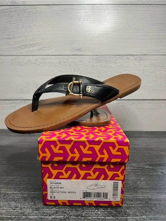 Tory Burch Black Leather Nora Thong Sandal with Gold Logo