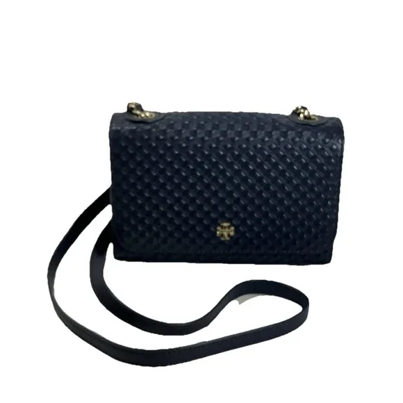 Tory Burch Marion Embossed Shrunken‎ Shoulder Bag In Navy Mini Leather $295