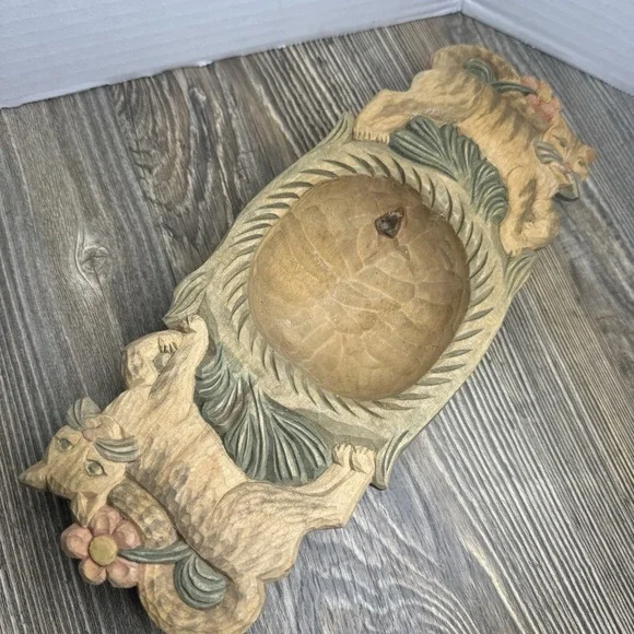 VTG Carved Wooden Cat Trinket Bowl Or Ashtray Signed