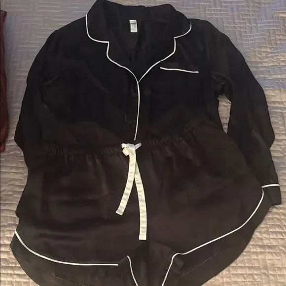 Stars Above Black Pajama Set with White Piping