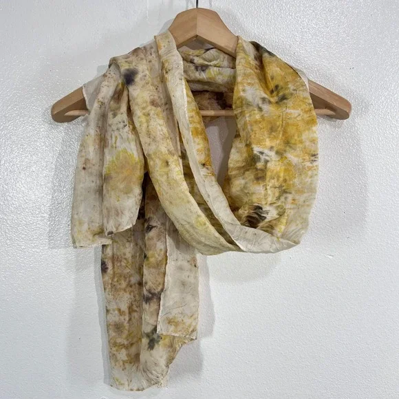 100% Silk Long Wrap Scarf Eco Dyed Botanical Print Mustard Yellow Earthy Boho