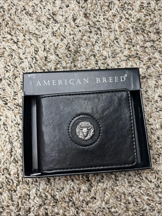 American Breed Black Leather Money Clip Wallet with Decorative Concho