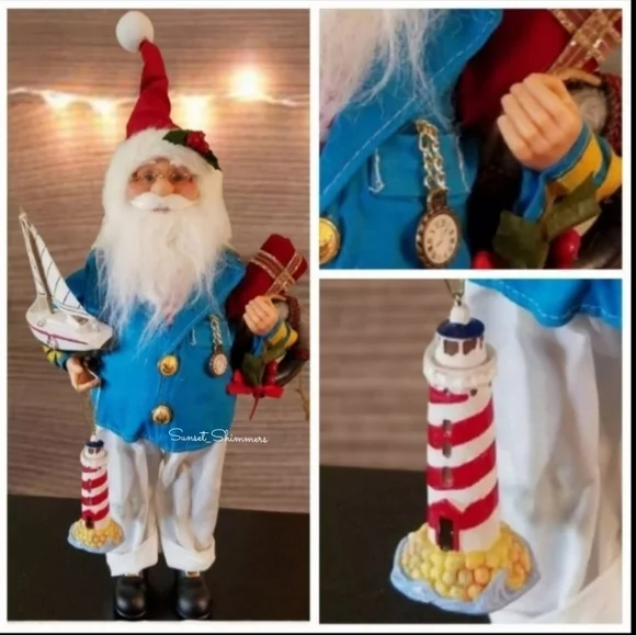 Coastal Santa Sailor Captain doll Figure Sailboat Wreath Lighthouse Christmas