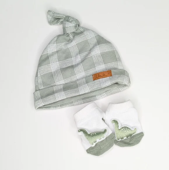 Lila & Jack Sage Green Plaid Baby Hat & Sock Set