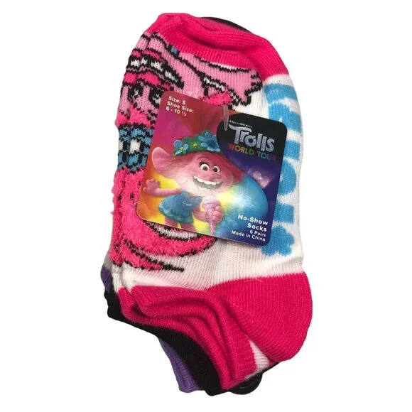 6 Pack Trolls World Tour Girls Sz Small No Show Socks Multi Color New In Package