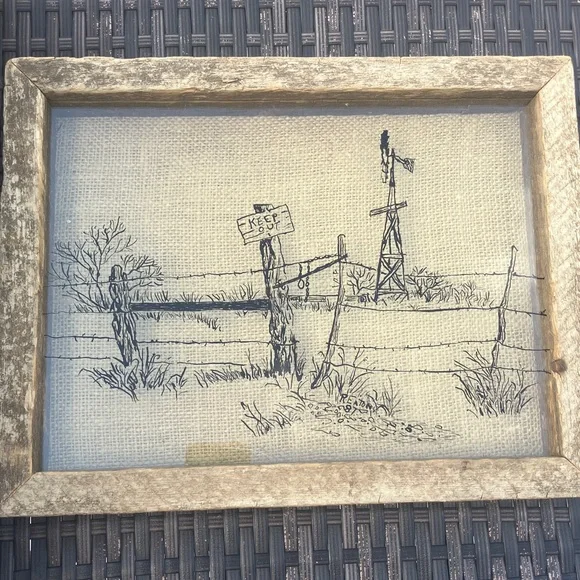 Rustic Framed Shadowbox Sketch‎ Art Windmill Fence Post Keep Out Sign  10x13x2